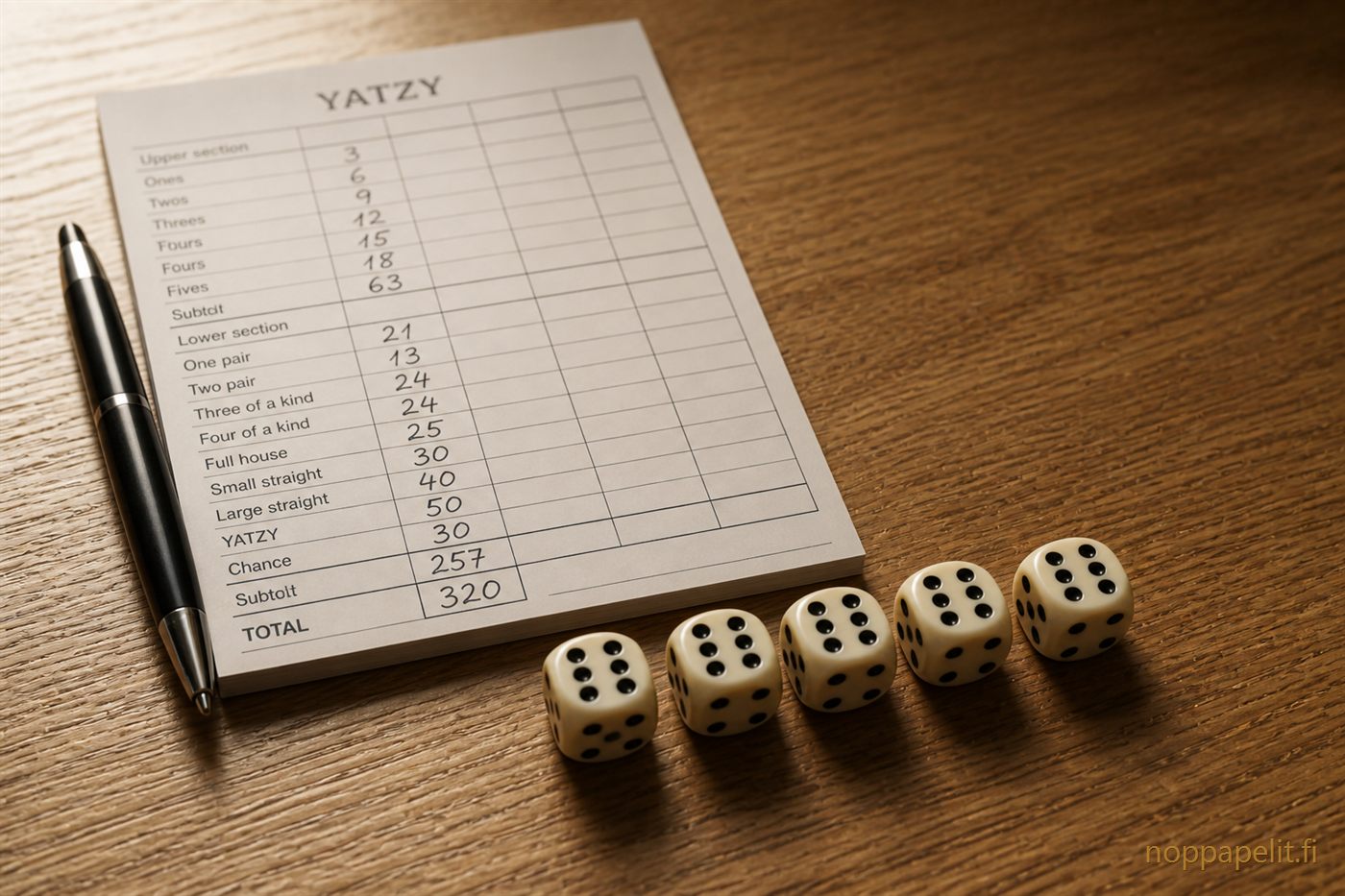 Yatzyn maksimipisteet — täysi Yatzy-rivi ja korkea tulos